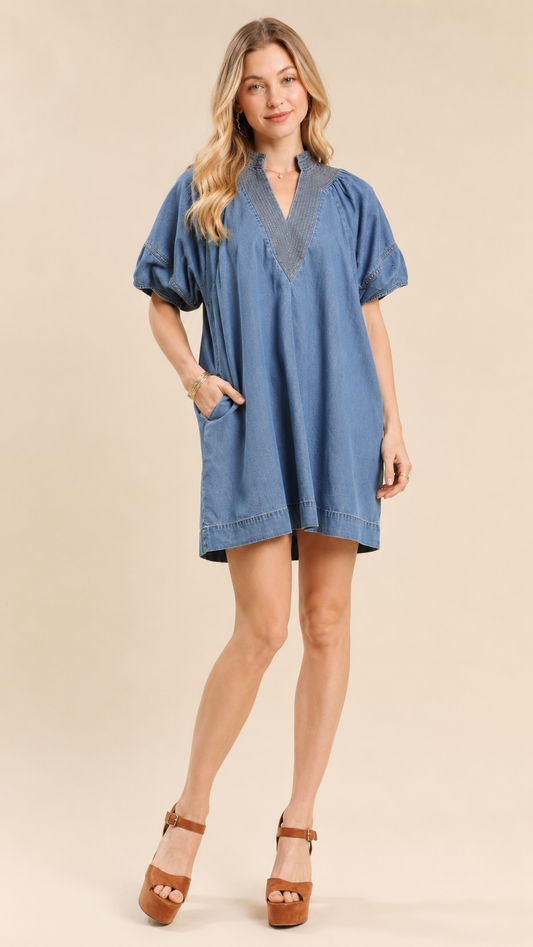 Harper Contrast Stitch Denim Mini Dress